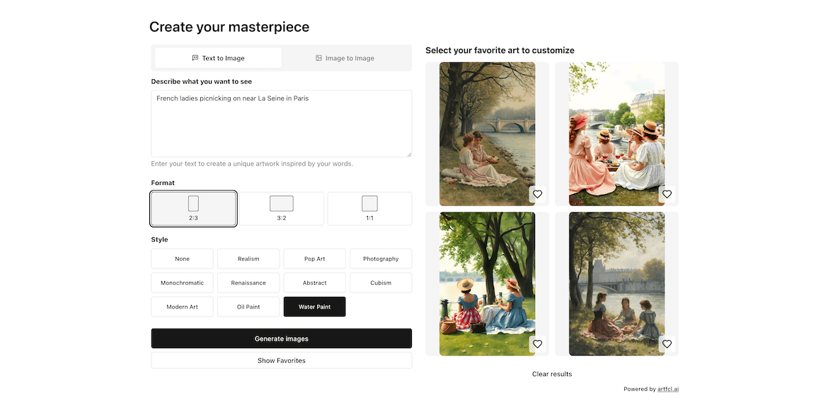 artfcl.ai desktop view