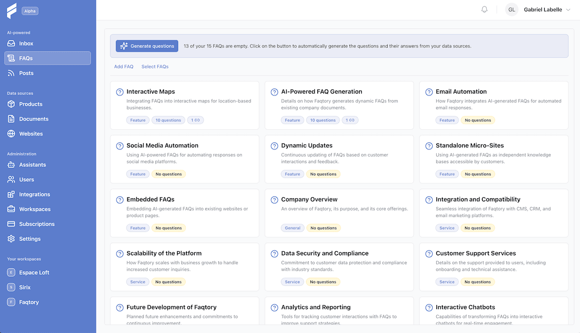 Faqtory’s desktop interface organising FAQ topics and their questions