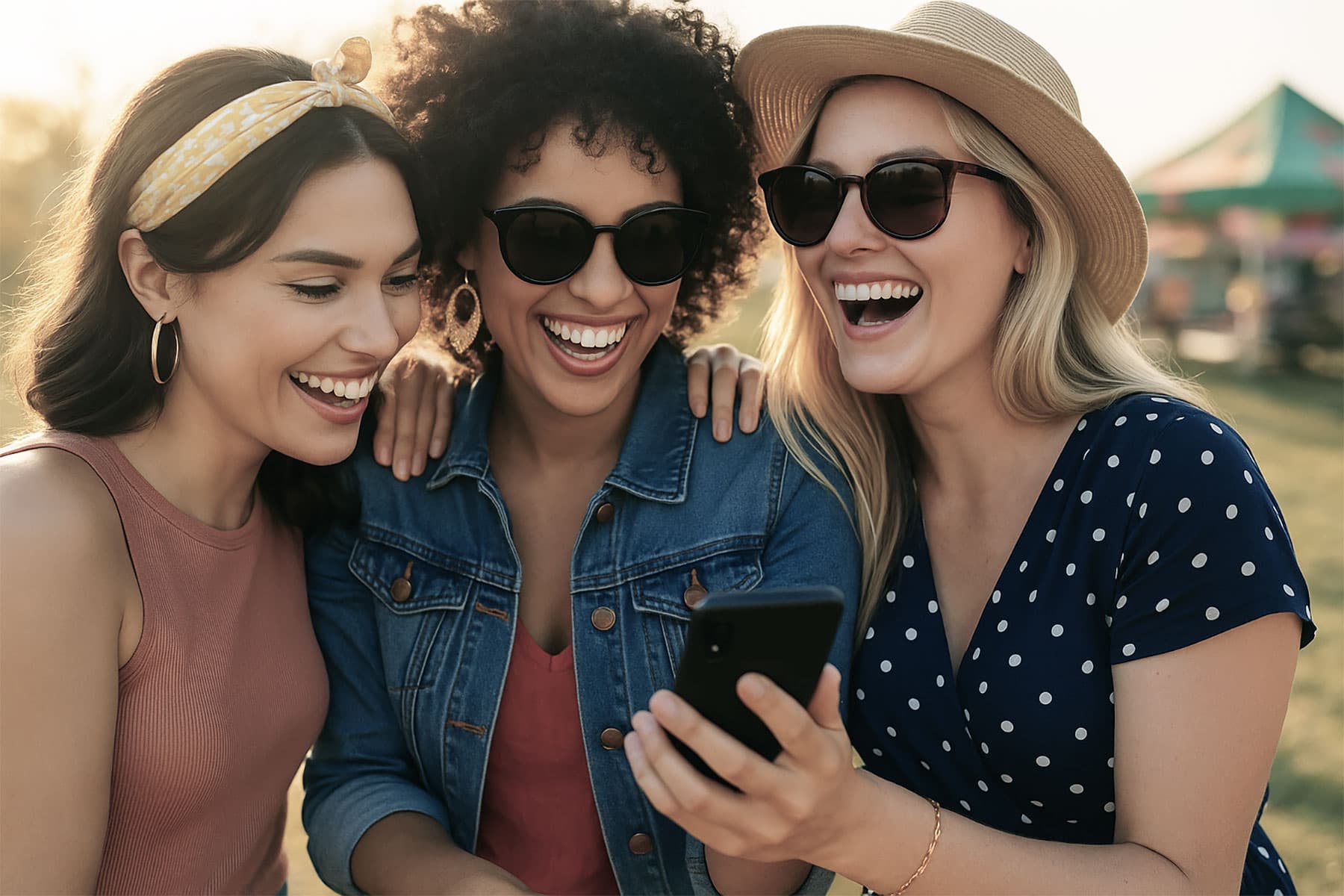 Three friends sharing a laugh as they look at a photograph together