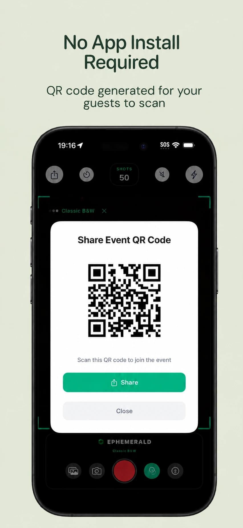 Gems event QR code sharing screen; guests join without an app install