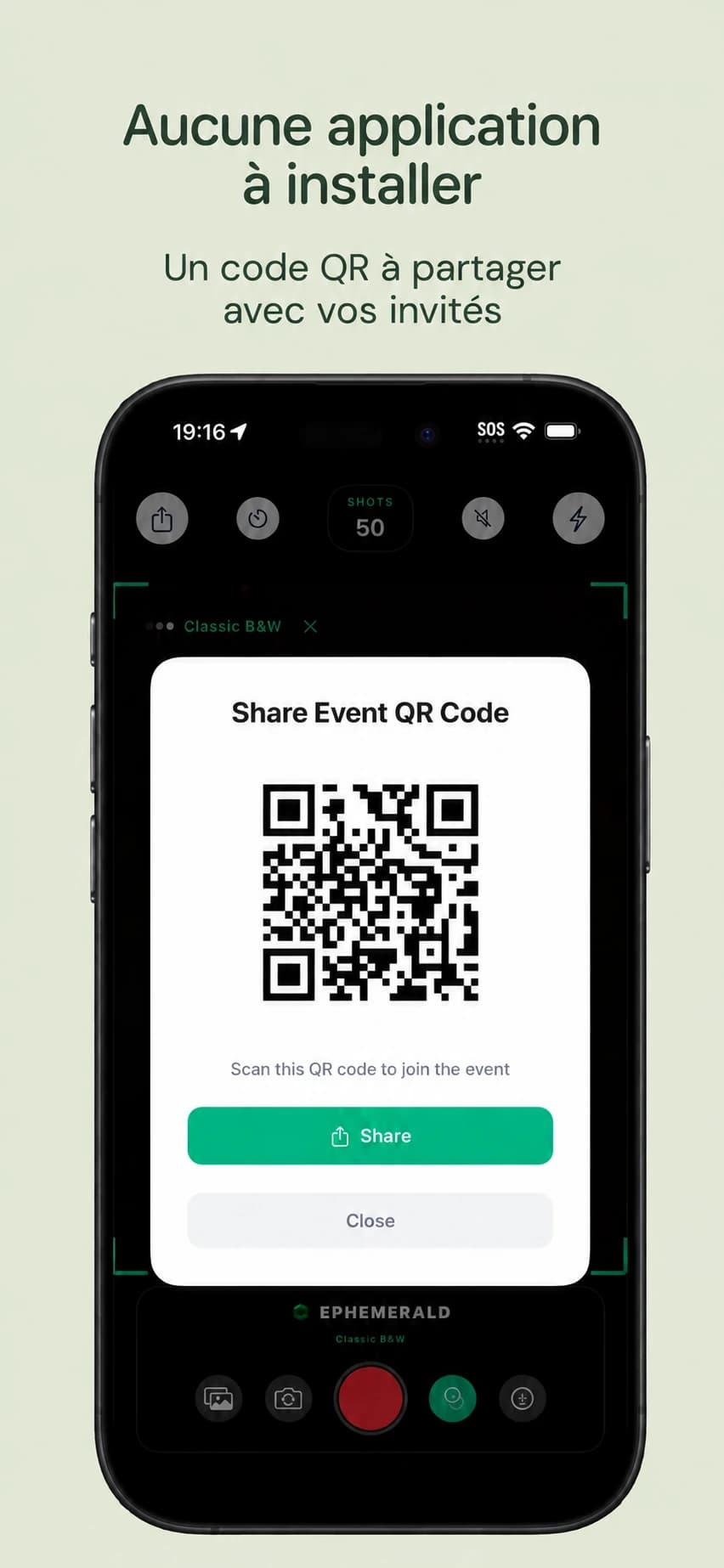 Écran de partage du code QR Gems pour participer sans installer d’application
