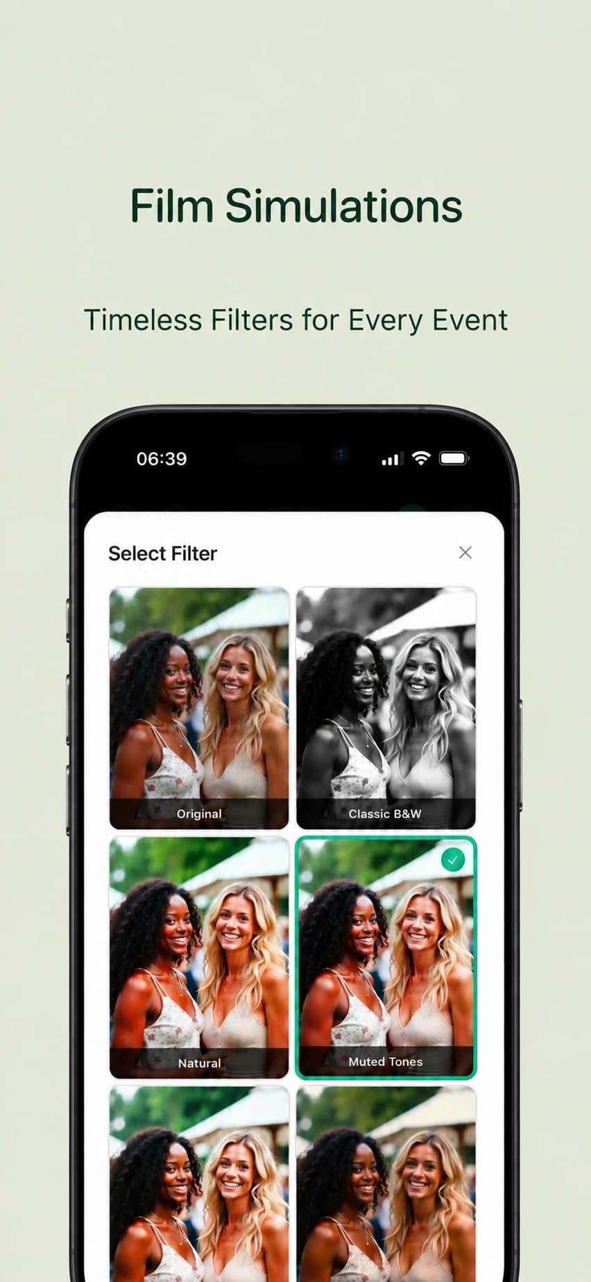 Gems film simulation picker with photo previews