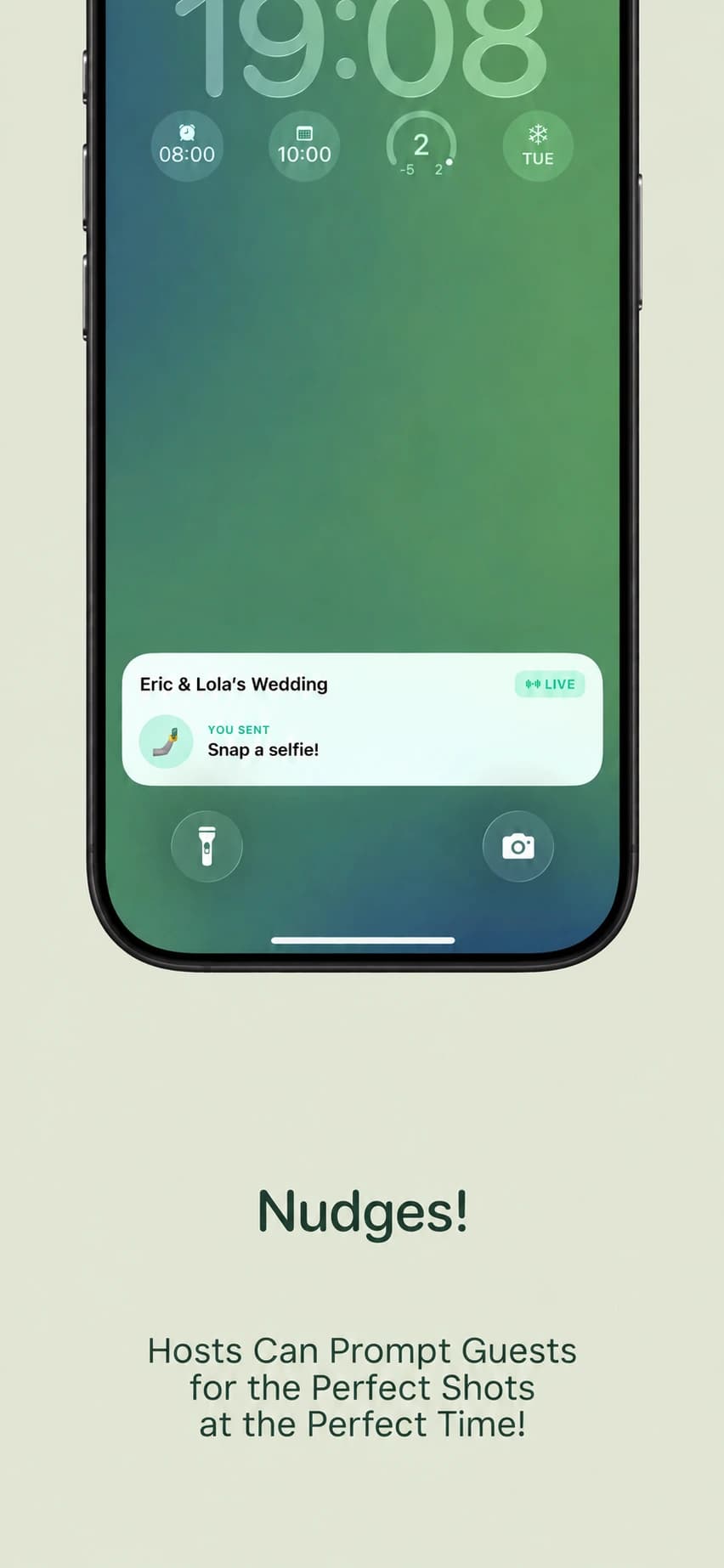 A Gems nudge on the lock screen inviting guests to take a photo