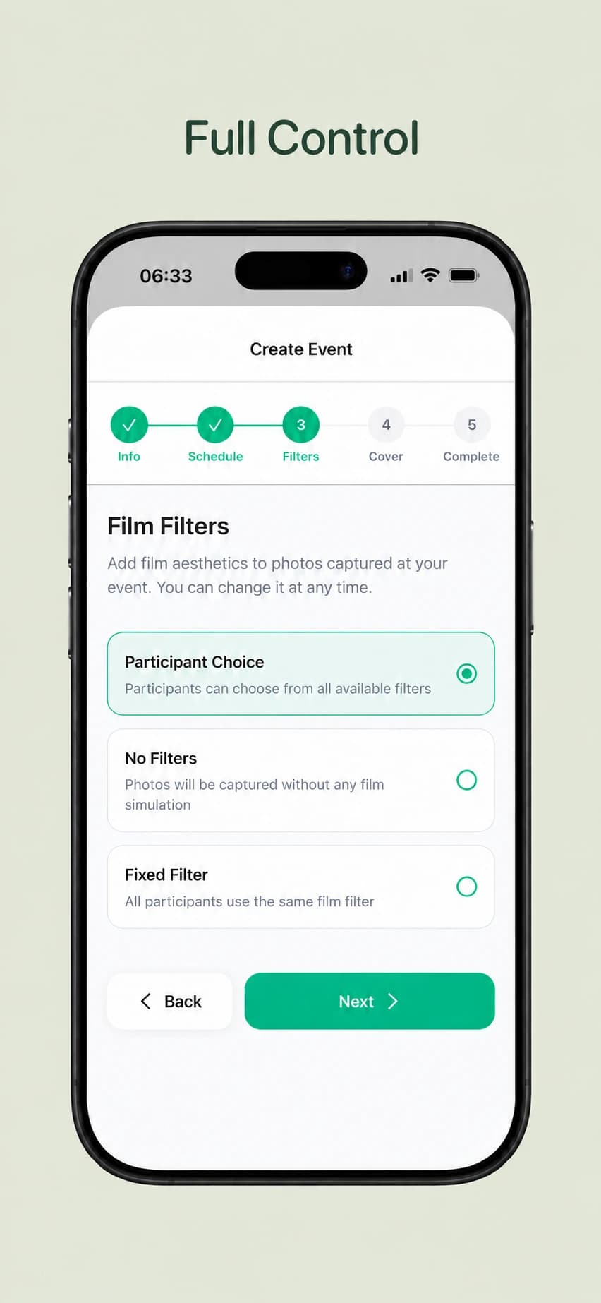 Gems event settings for participant-selected, fixed or no photo filters