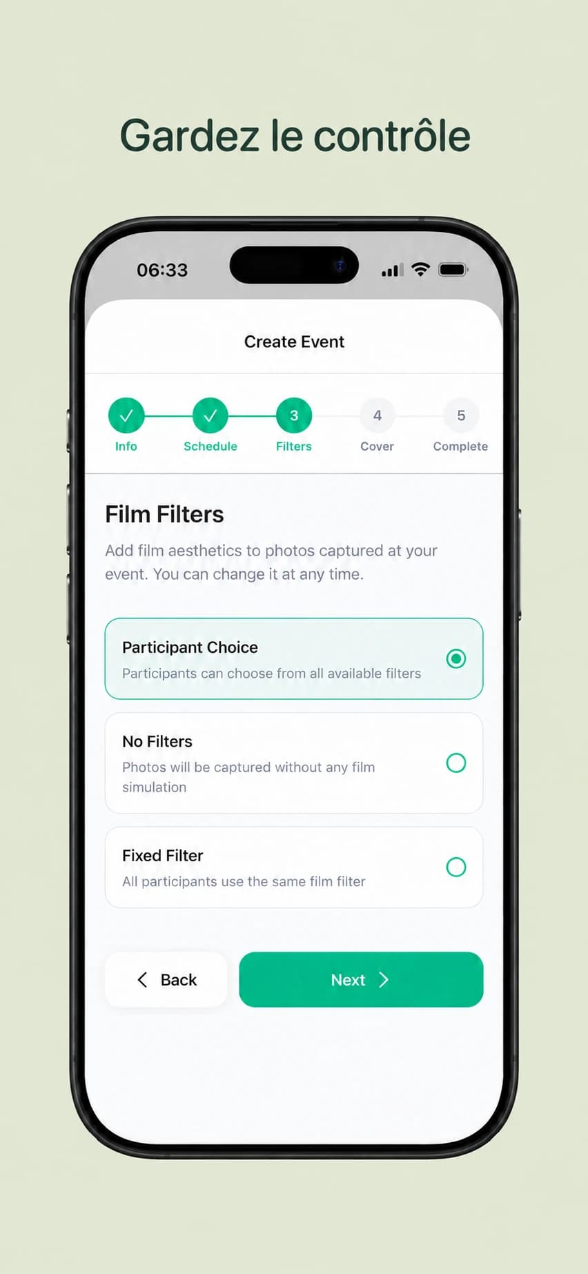 Réglages des filtres photo de Gems : au choix des invités, fixes ou désactivés