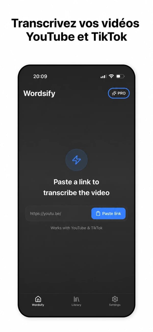 Écran d’accueil de Wordsify avec un champ pour coller un lien YouTube ou TikTok