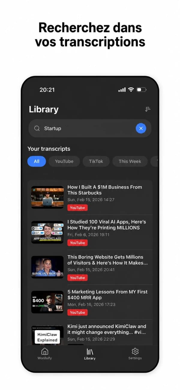 Bibliothèque de transcriptions de Wordsify avec recherche