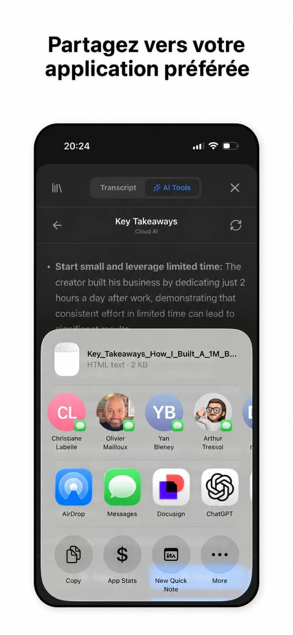 Partage d’une transcription Wordsify avec la feuille de partage iOS